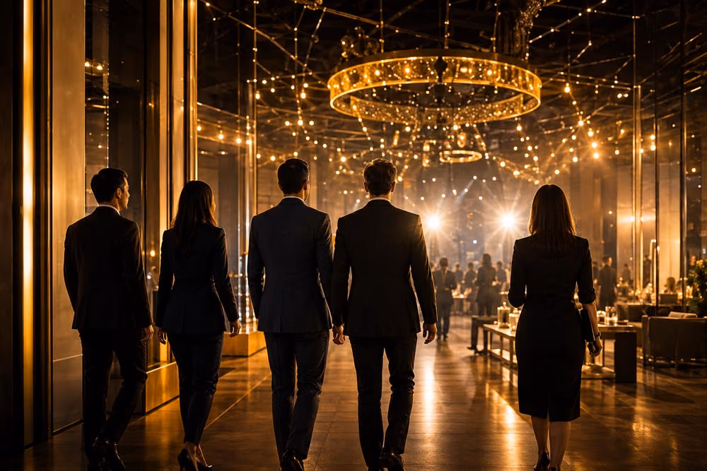 Guests walking into a golden, chandelier-lit event space