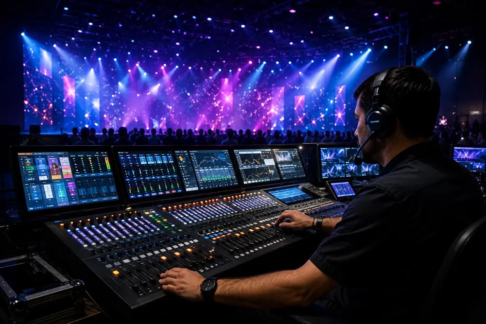 An engineer at a lit mixing console during a live show