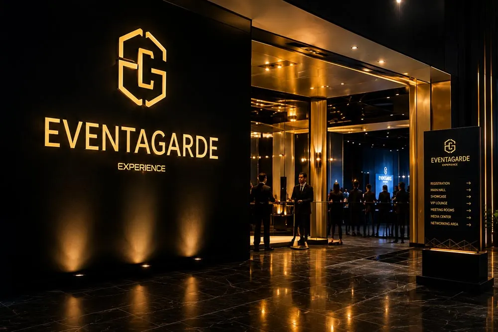 A branded event entrance with illuminated signage