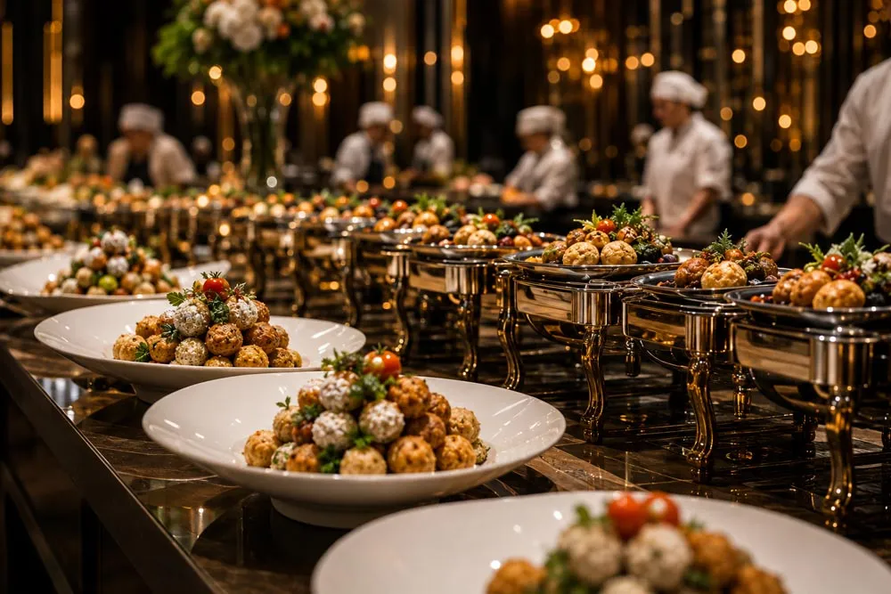 Chefs plating canapés along a long banquet service