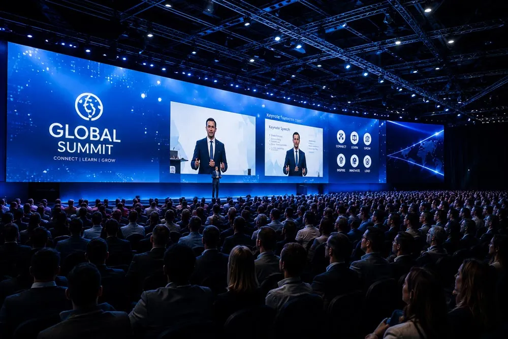 A keynote speaker on a wide LED stage before a full auditorium