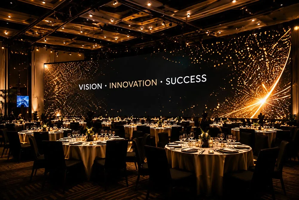 A gala dinner room set with round tables and gold lighting
