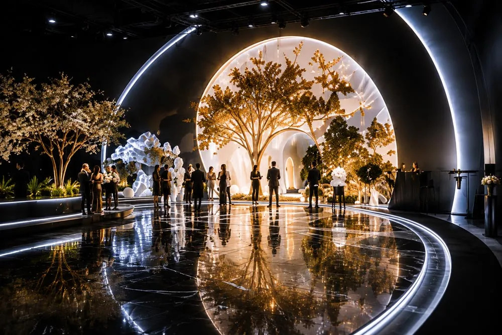 A designed event environment framed by an illuminated arch