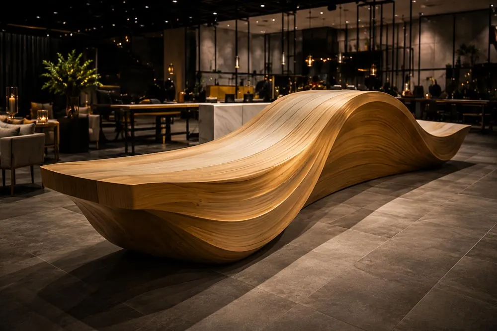 A sculptural bespoke bench in a finished interior