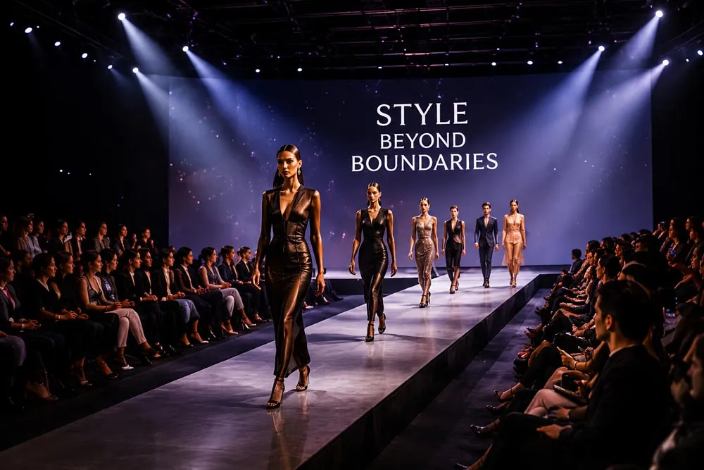 Models presenting on a lit runway before a seated audience