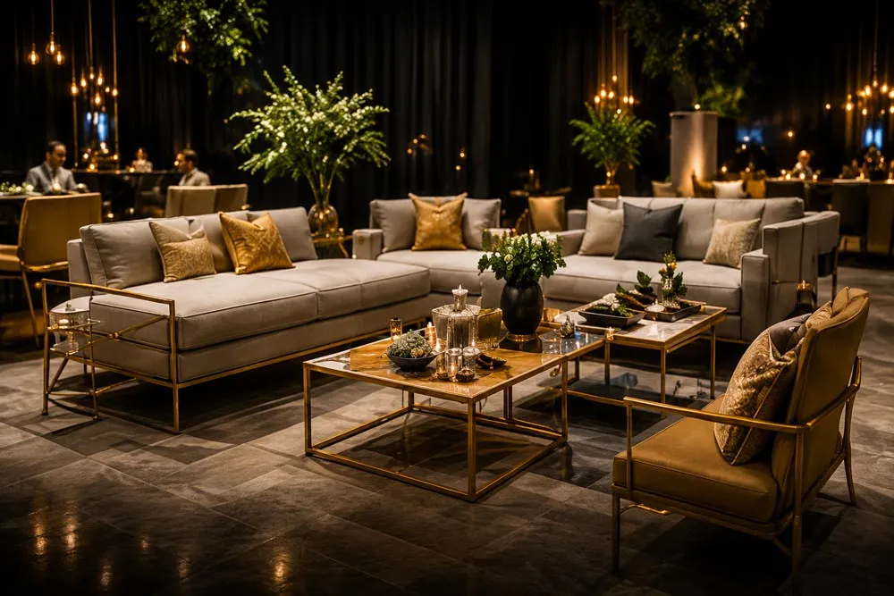 A premium event lounge set with sofas and soft lighting
