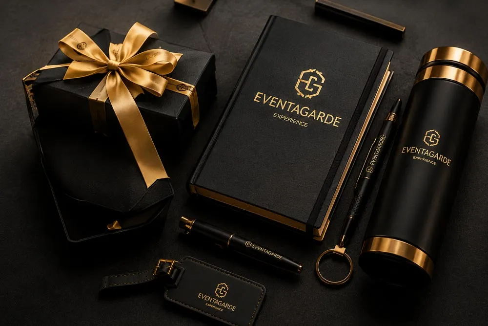 Branded gift boxes and accessories arranged on dark stone