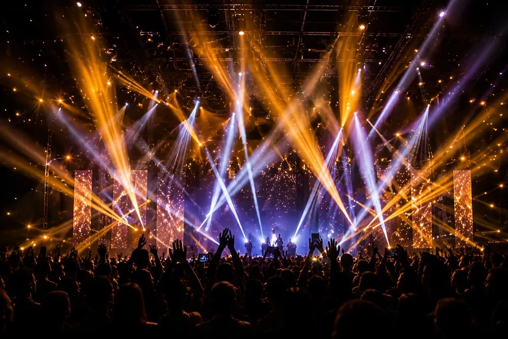 Gold and violet beams fanning across a concert audience
