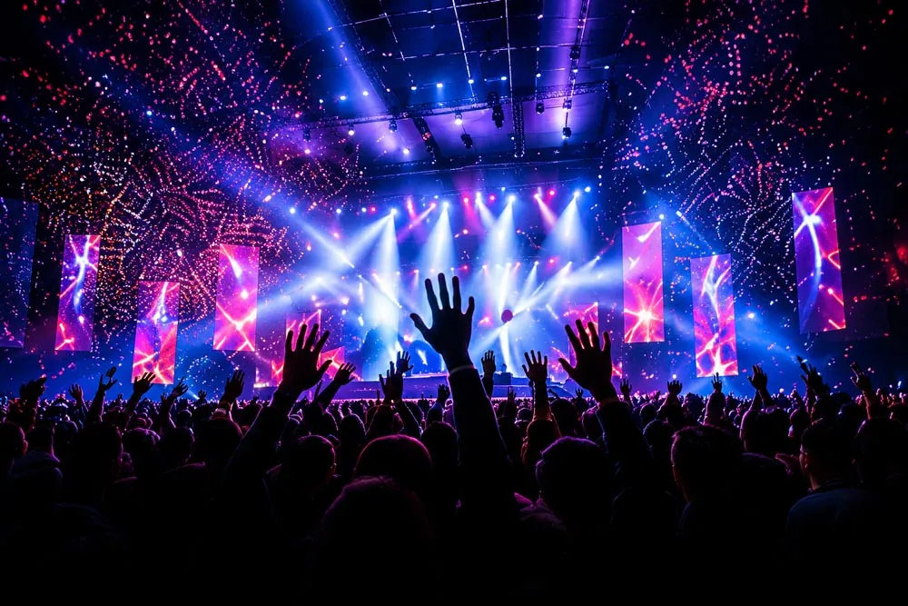 Hands raised in a crowd before a lit concert stage