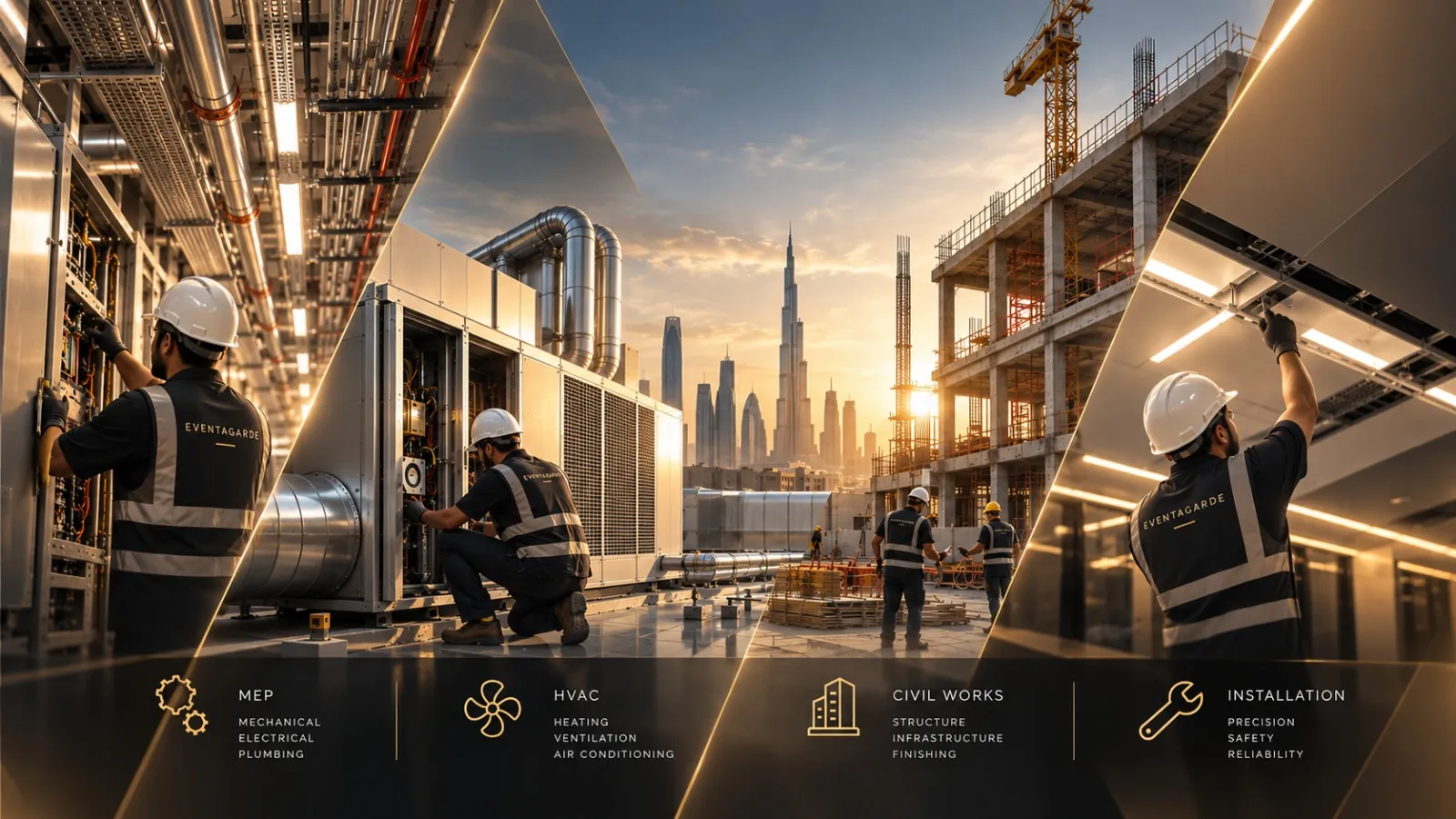 Technicians working across electrical, HVAC, civil and ceiling installation sites