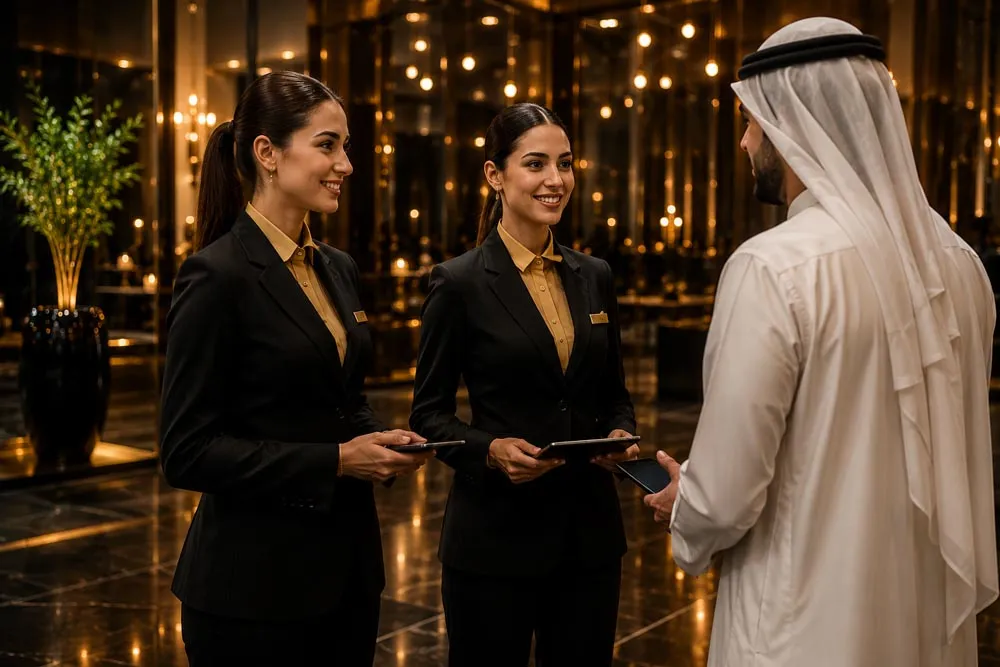 Event hostesses welcoming a guest at a registration desk