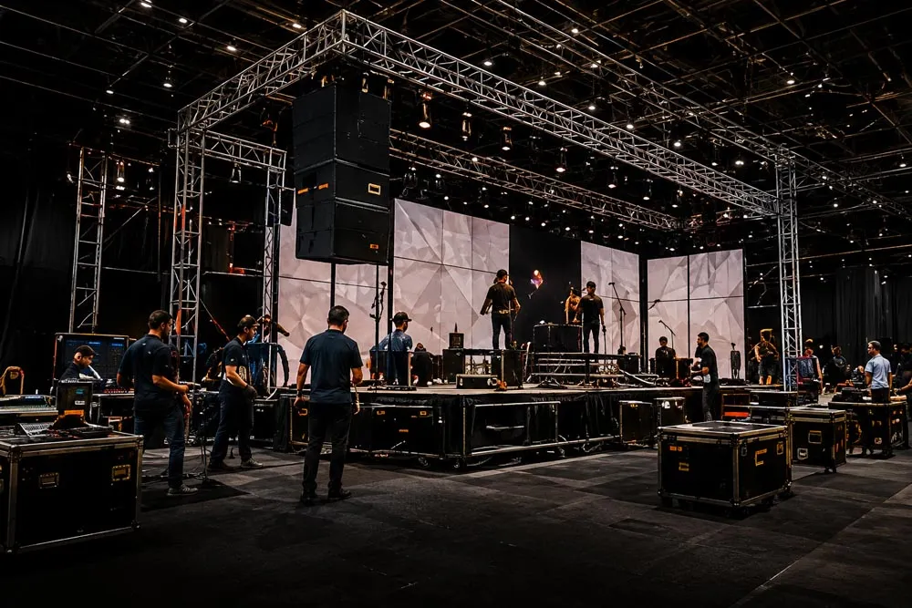 A stage under truss and rigging during technical set-up