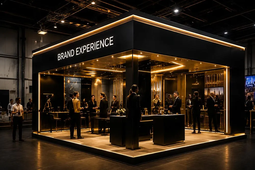 A custom-built exhibition stand lit from within