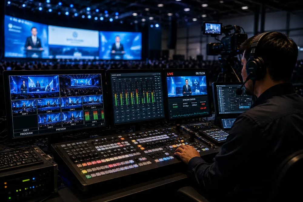 A multi-camera broadcast gallery covering a live panel