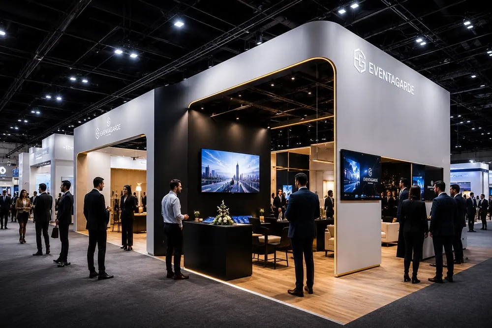 Visitors and exhibitors across a modern exhibition floor