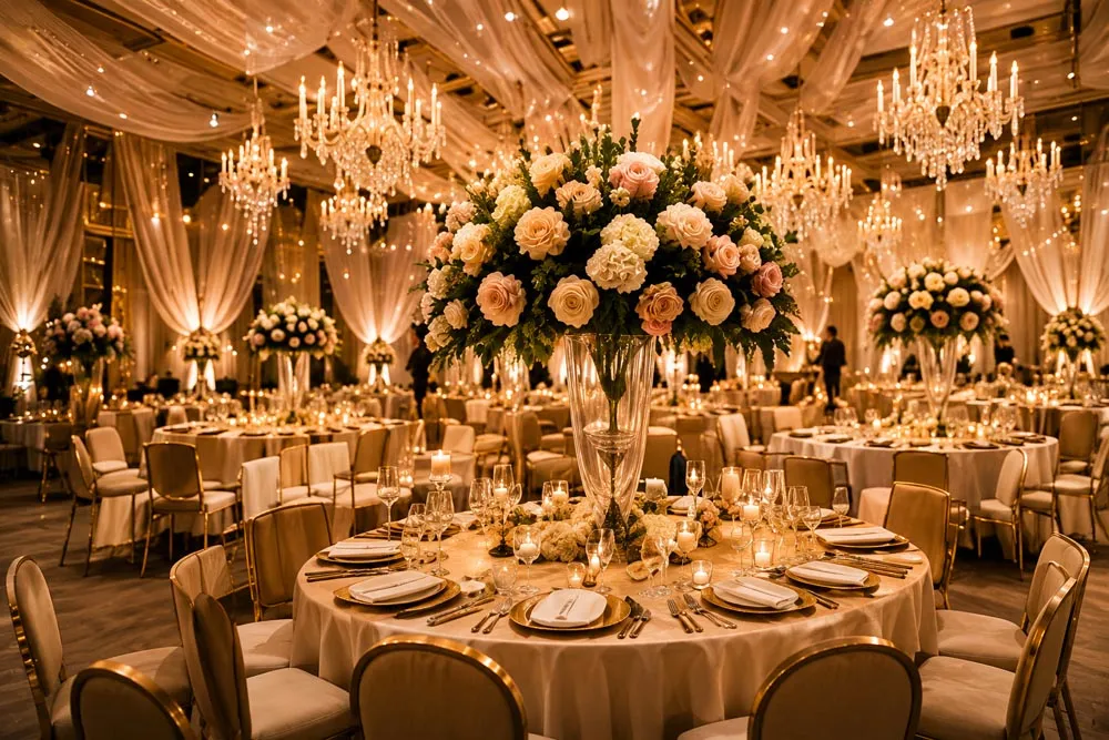 A wedding banquet dressed with tall floral centrepieces